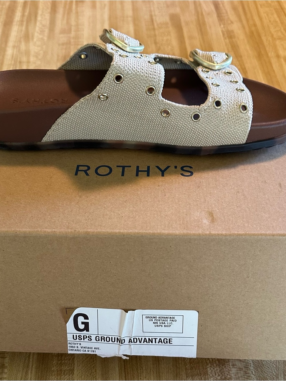 Rothy's Tan Canvas Double-Strap Slide Sandals with Gold Buckles - Picture 4 of 8